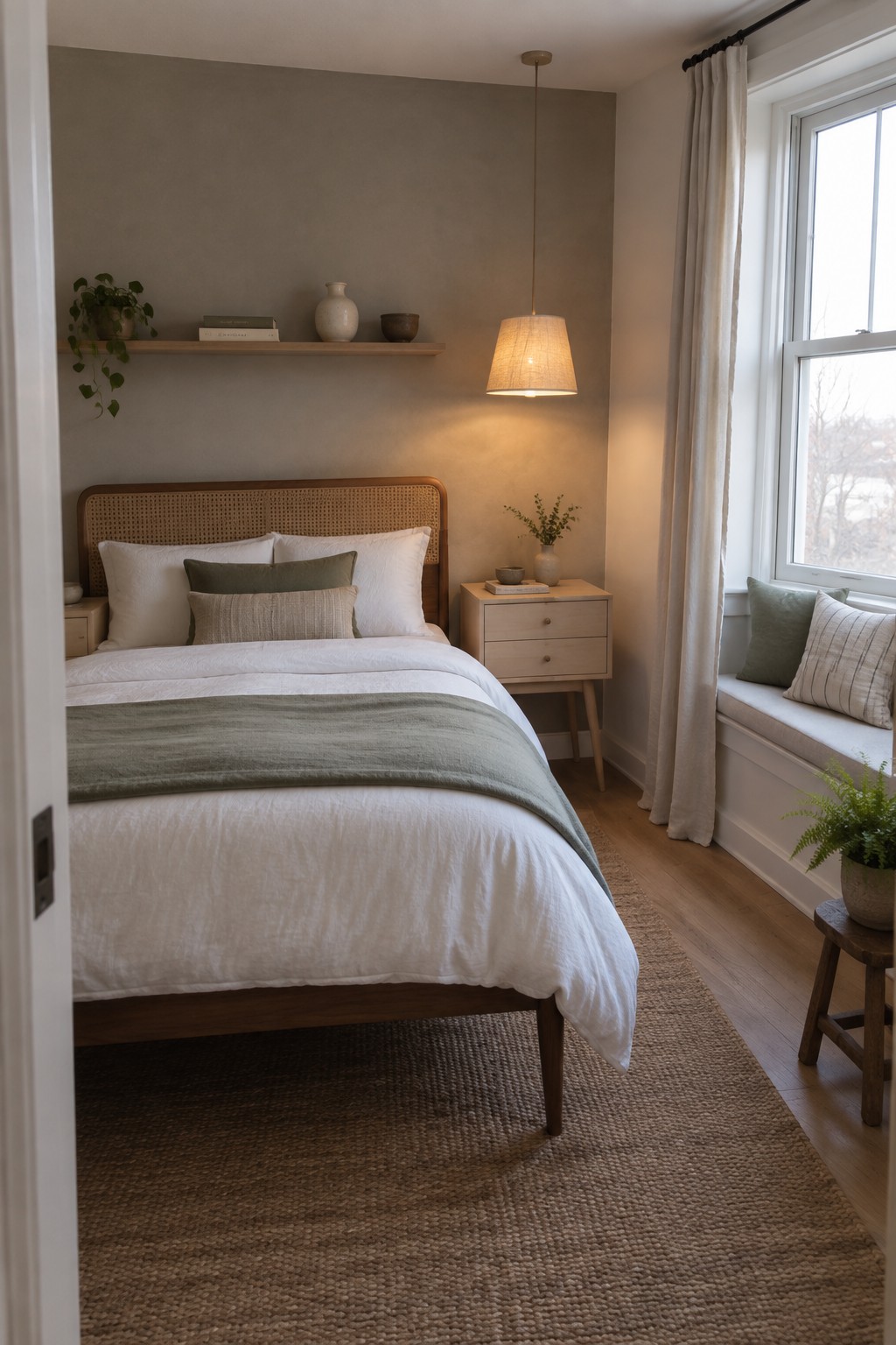 A bedroom featuring a wooden bed with a cane headboard, white and green bedding, a floating shelf on the wall above, a light wood nightstand, and a window with a built-in seat.