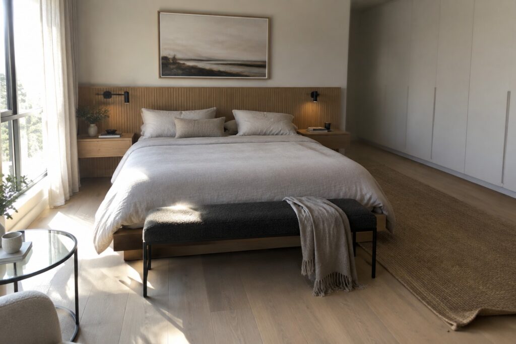 20 Modern Bed Designs With Streamlined Furniture Pairings A modern bedroom featuring a bed with light gray linens against a vertical wood slat headboard, flanked by wooden nightstands, with a gray upholstered bench at the foot and a woven rug on light wood floors.