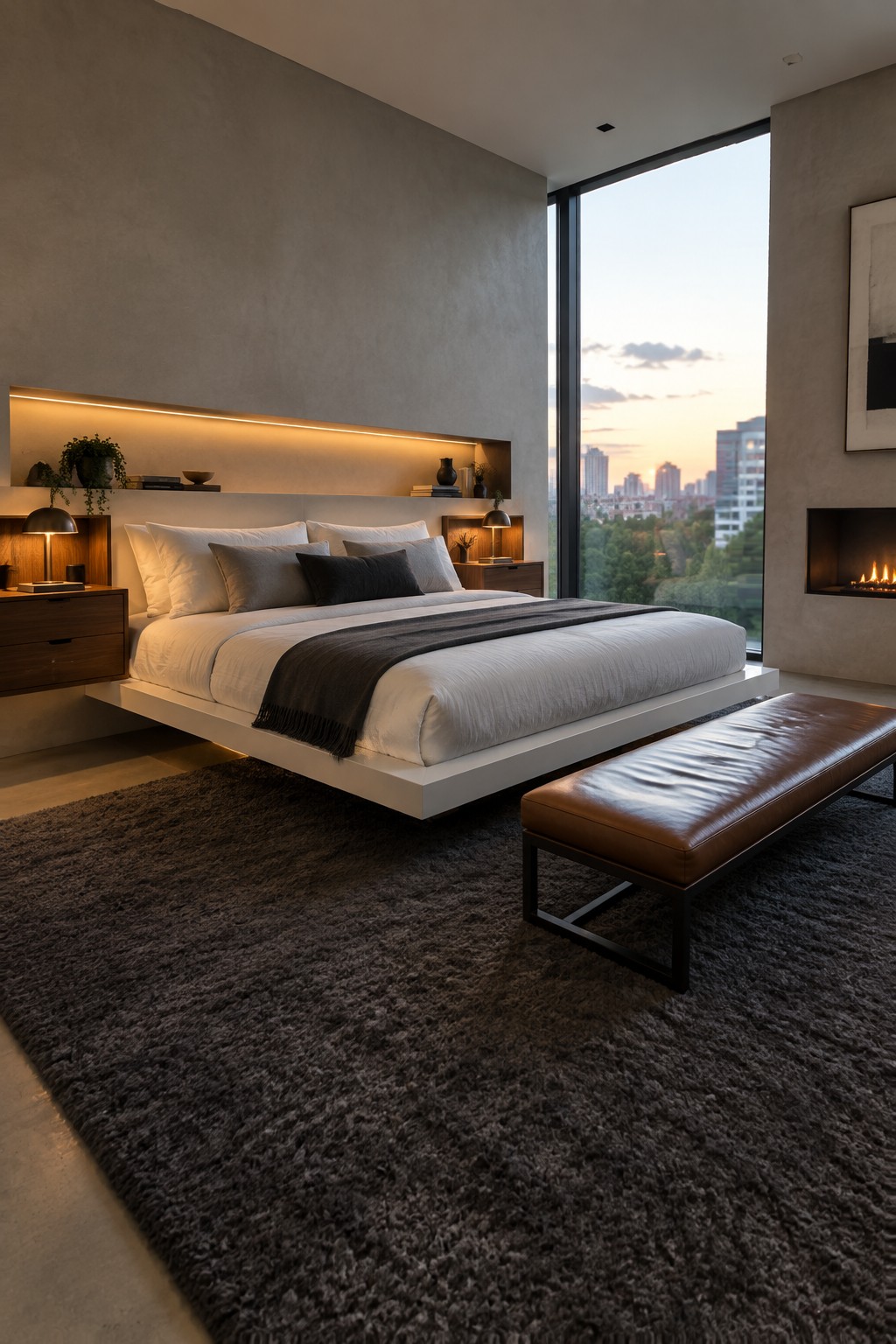 Modern bedroom with a white floating platform bed, white and gray bedding, a brown leather bench at the foot, and a large window showing a city skyline at dusk.