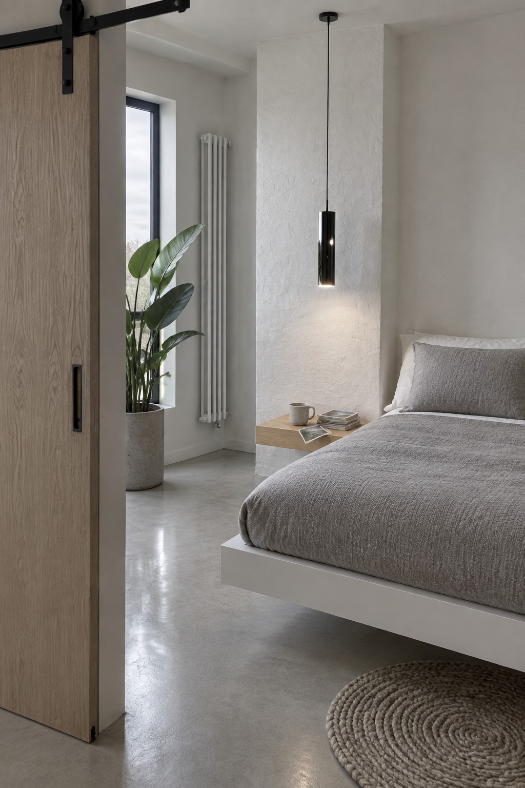 A modern bedroom with a white floating platform bed dressed in gray linens, a small wooden floating shelf to the side, and a black pendant light hanging above.