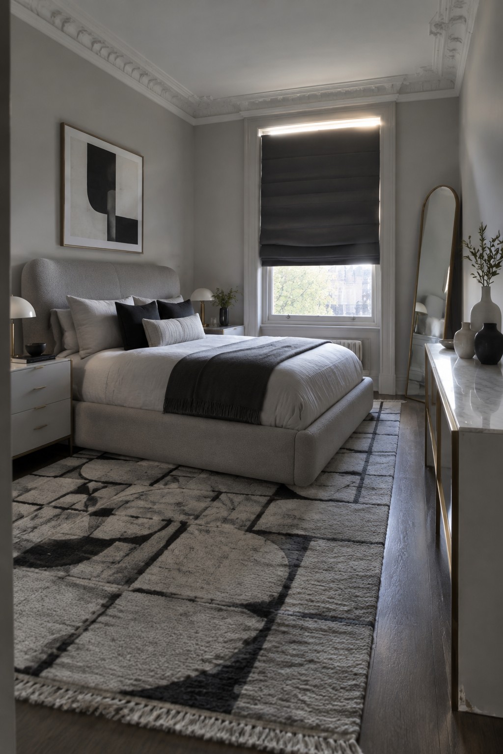Modern minimalist bedroom with gray bed, abstract art, patterned rug, and marble console.