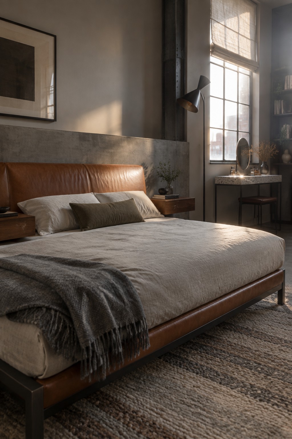 Modern bedroom with brown leather bed, concrete wall, woven rug, and sunlit window