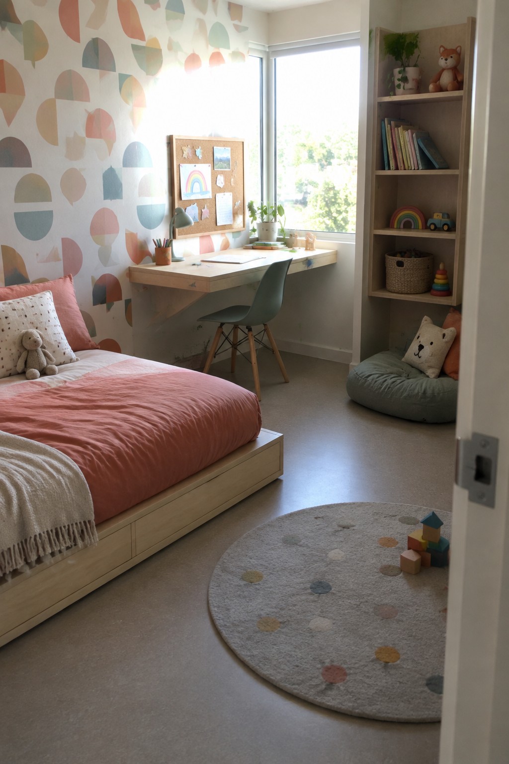 A child's bedroom with a low wooden platform bed, pink bedding, a floating desk under a large window, and a tall built-in bookshelf filled with books and toys.