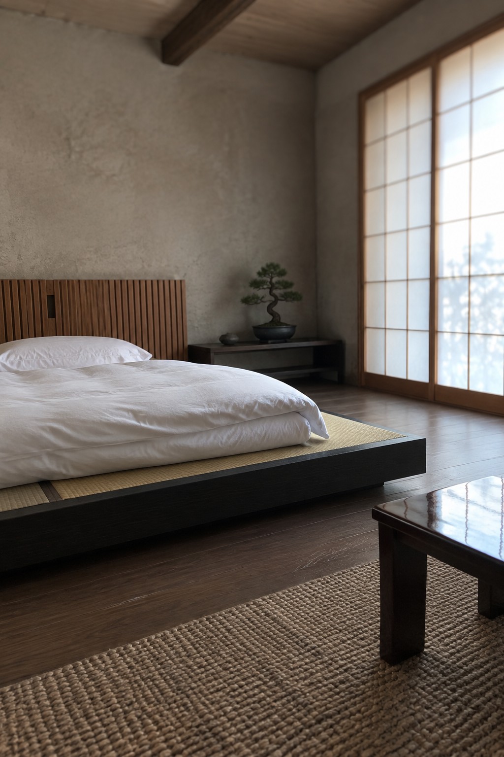 A low dark wood platform bed with white bedding rests on a tatami mat in a minimalist room with a bonsai tree on a low shelf and shoji screens along the right wall.