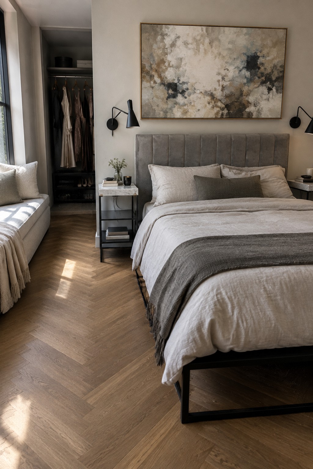 Modern bedroom with gray upholstered bed, abstract art, open closet, and herringbone floor.