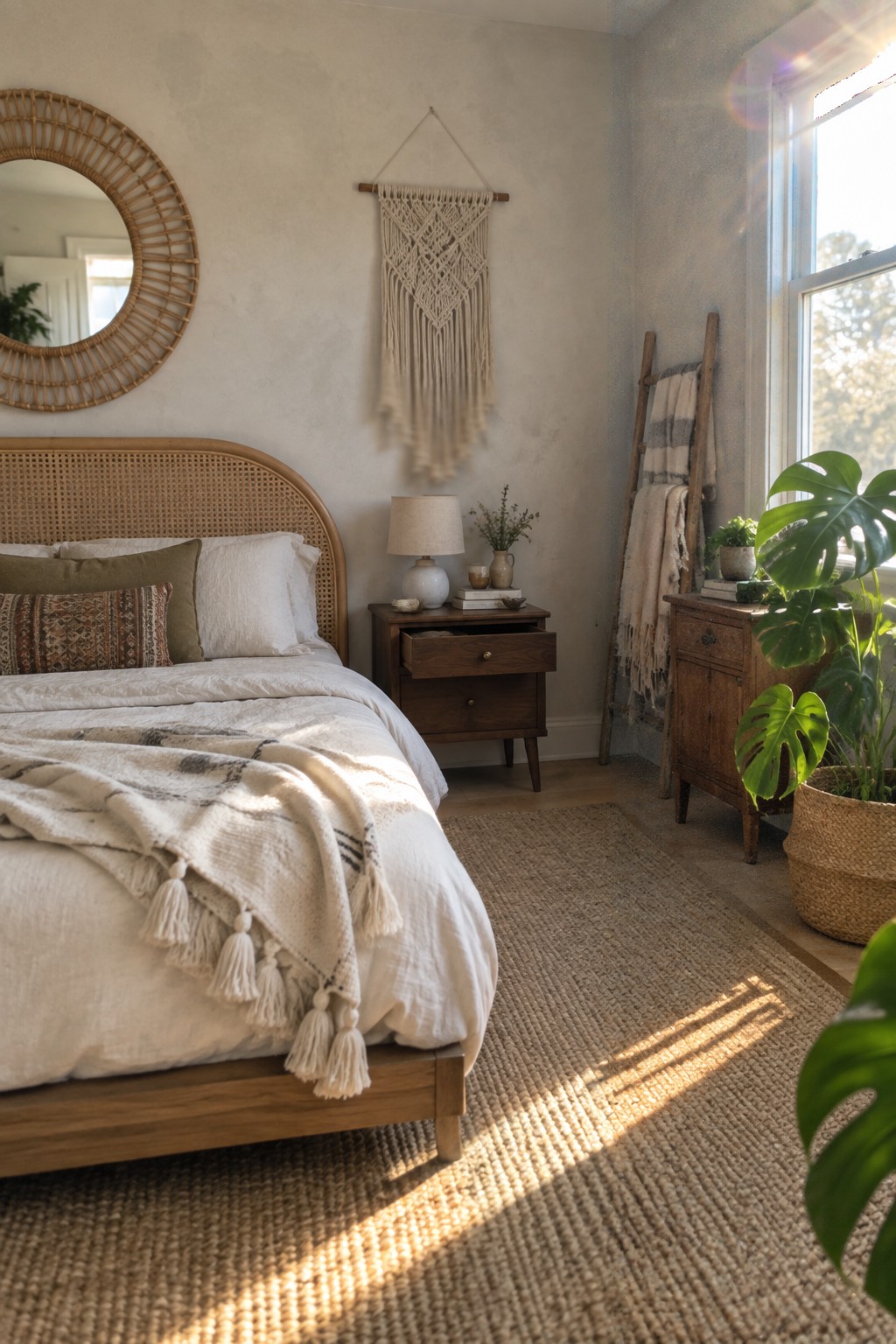 A bedroom with a wooden bed frame and rattan headboard, white bedding with a tassel throw, a wooden nightstand with an open drawer, and a jute rug on the floor.