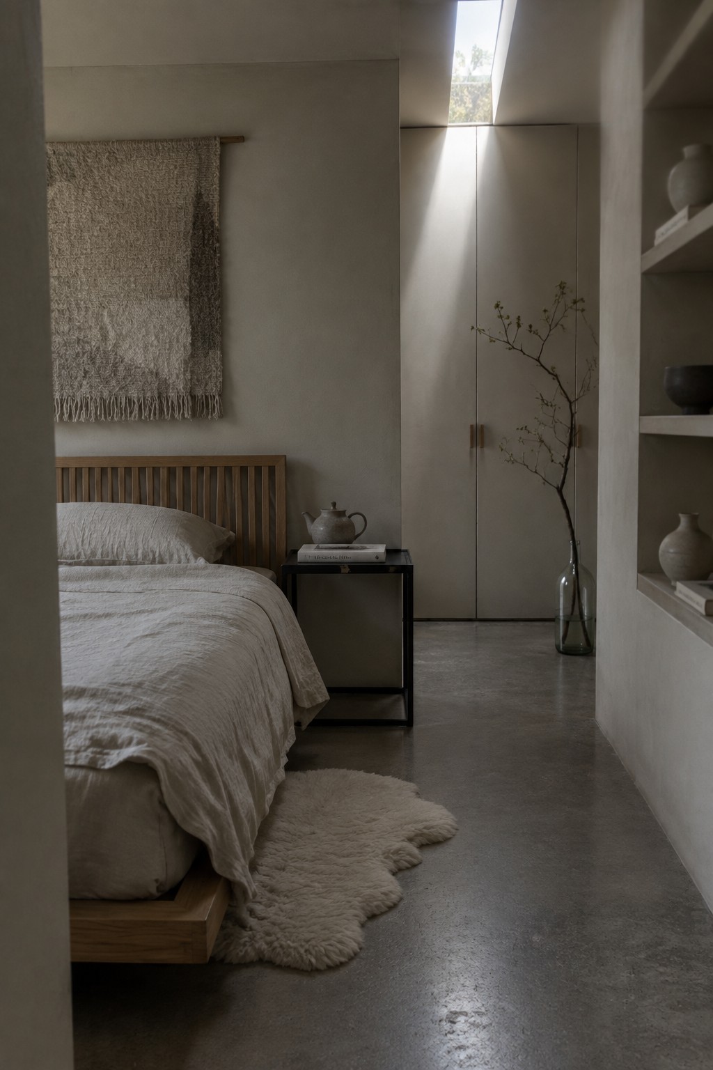 A minimalist bedroom with a low wooden bed dressed in white linens, a black metal nightstand holding a teapot and book, a woven wall hanging above the bed, and a sheepskin rug on a concrete floor.
