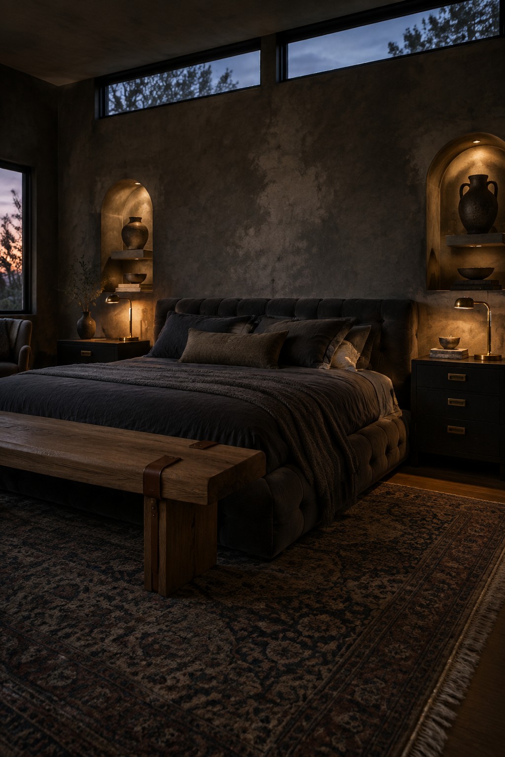 A dimly lit bedroom with a large dark upholstered bed, a wooden bench at the foot, matching nightstands, and wall niches holding pottery.