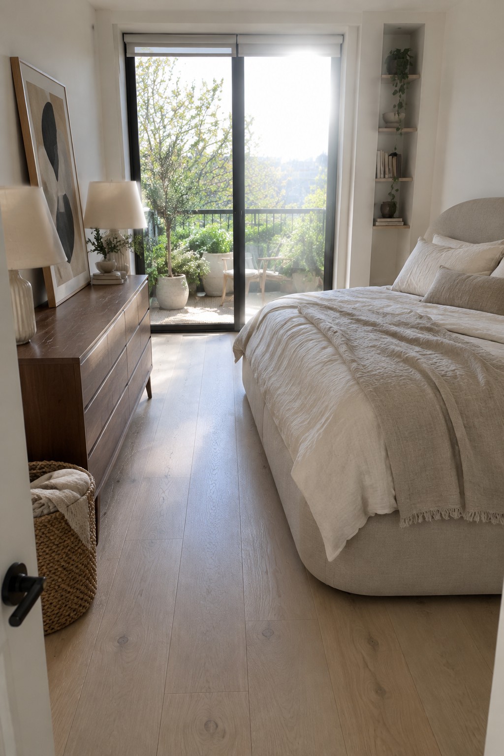 Modern bedroom with upholstered bed, wooden dresser, light floors, and balcony doors.