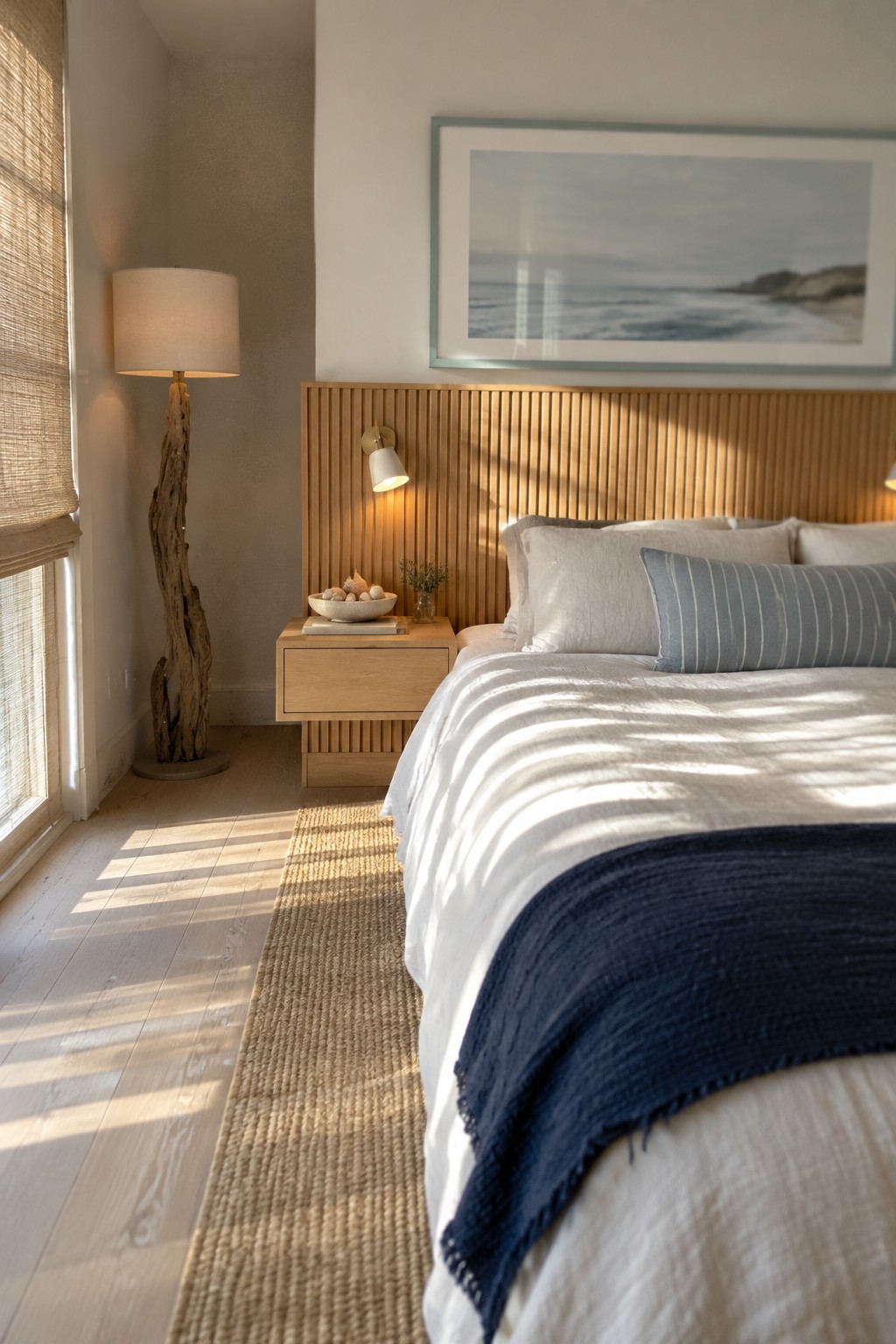 Bright bedroom with white linens, blue throw, wooden headboard, ocean art, and woven rug