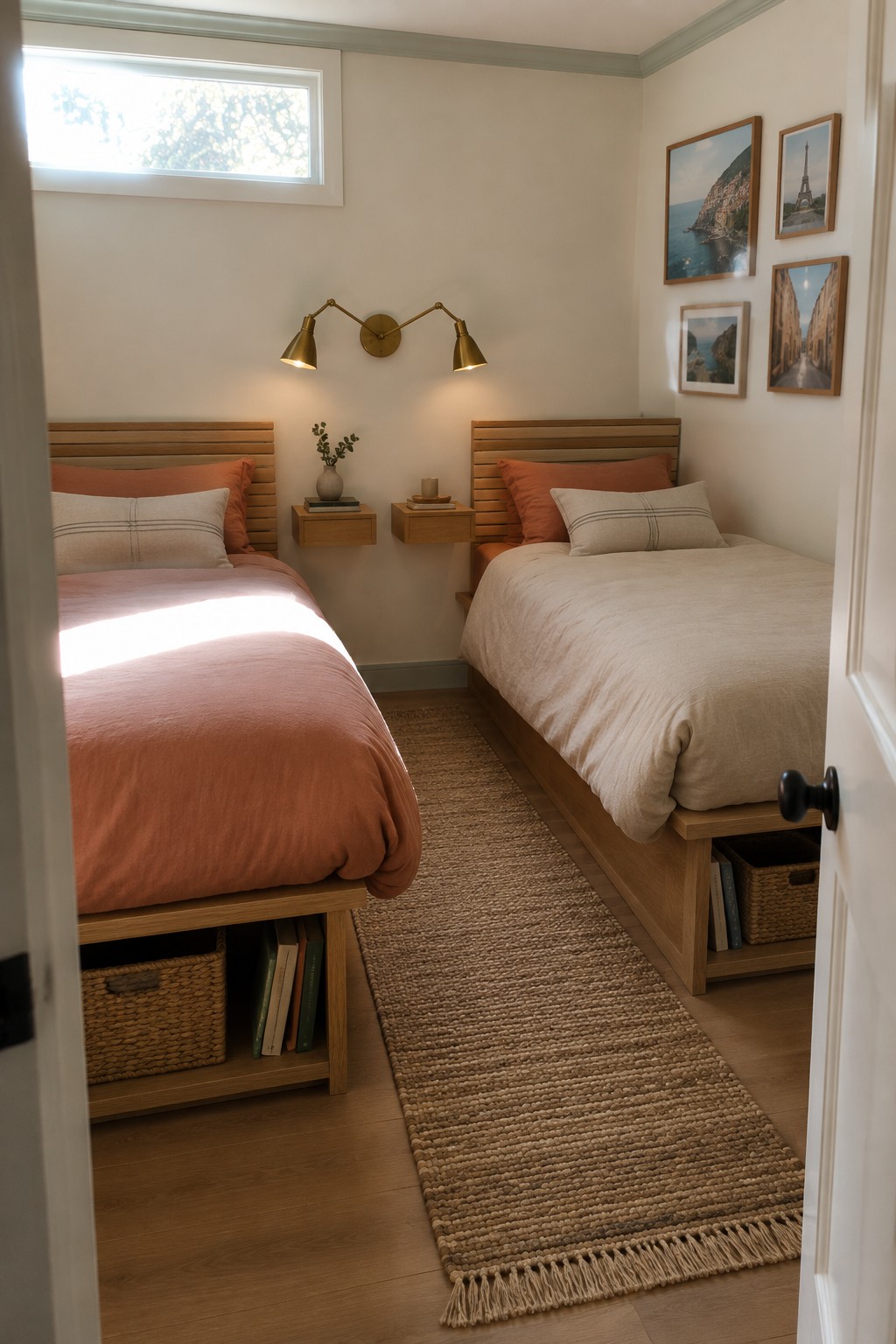A narrow bedroom showing two matching wooden twin beds with peach and beige bedding, under-bed storage baskets, floating nightstands, and a woven runner on the floor.