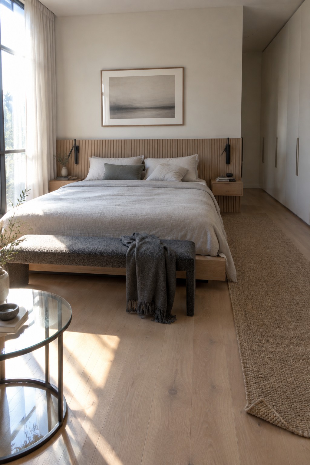 A modern bedroom featuring a bed with light gray linens against a vertical wood slat headboard, flanked by wooden nightstands, with a gray upholstered bench at the foot and a woven rug on light wood floors.