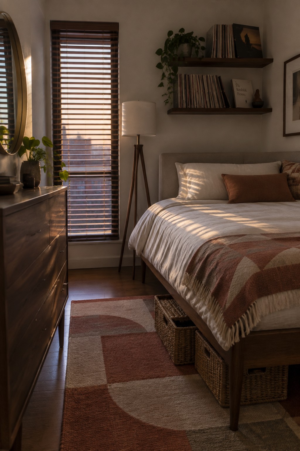 A bedroom featuring a wooden bed with white bedding and rust-colored throw, two woven baskets stored underneath, a patterned area rug, and a wooden dresser to the left.