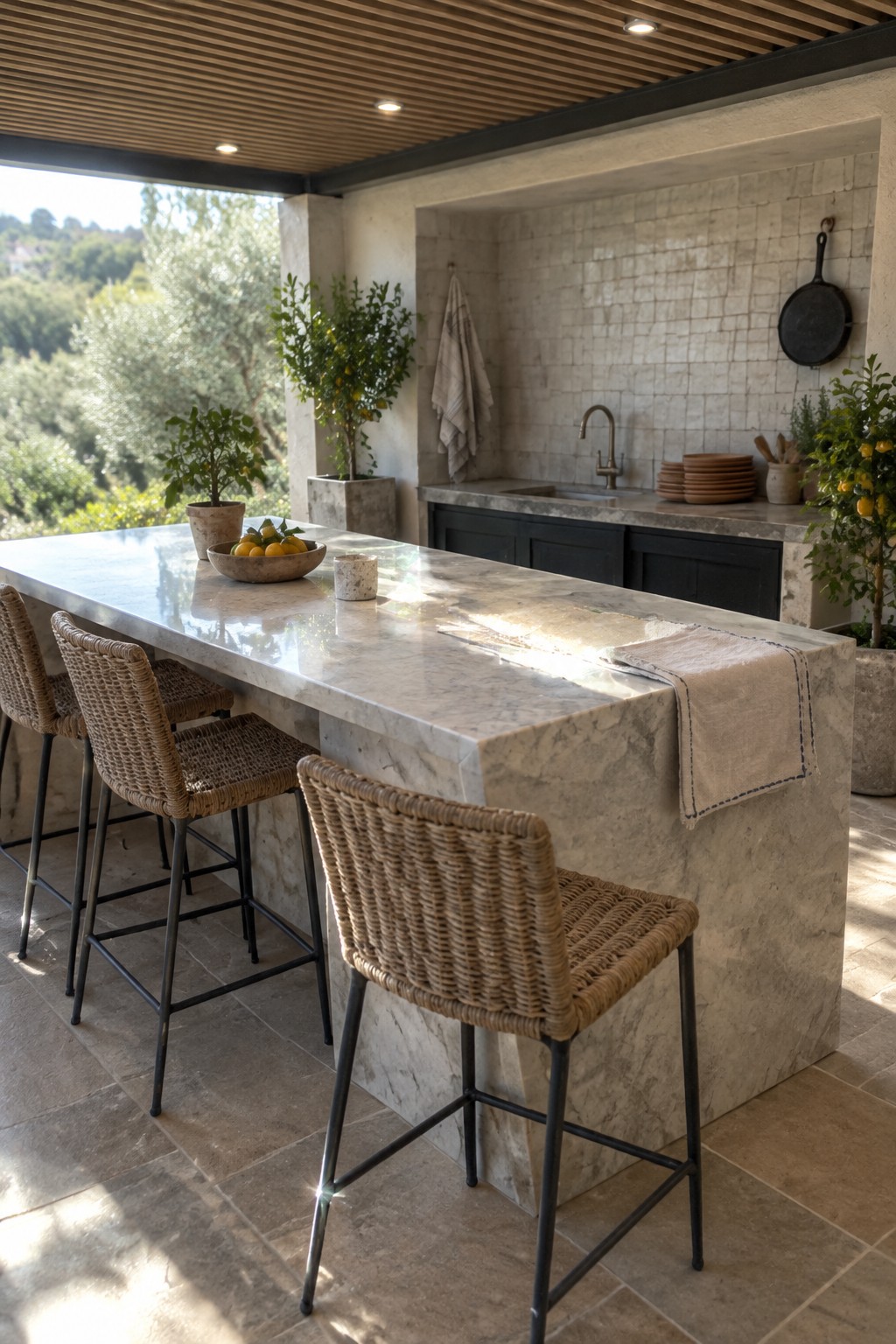 Outdoor marble kitchen island with woven bar stools and potted lemon trees overlooking hills.