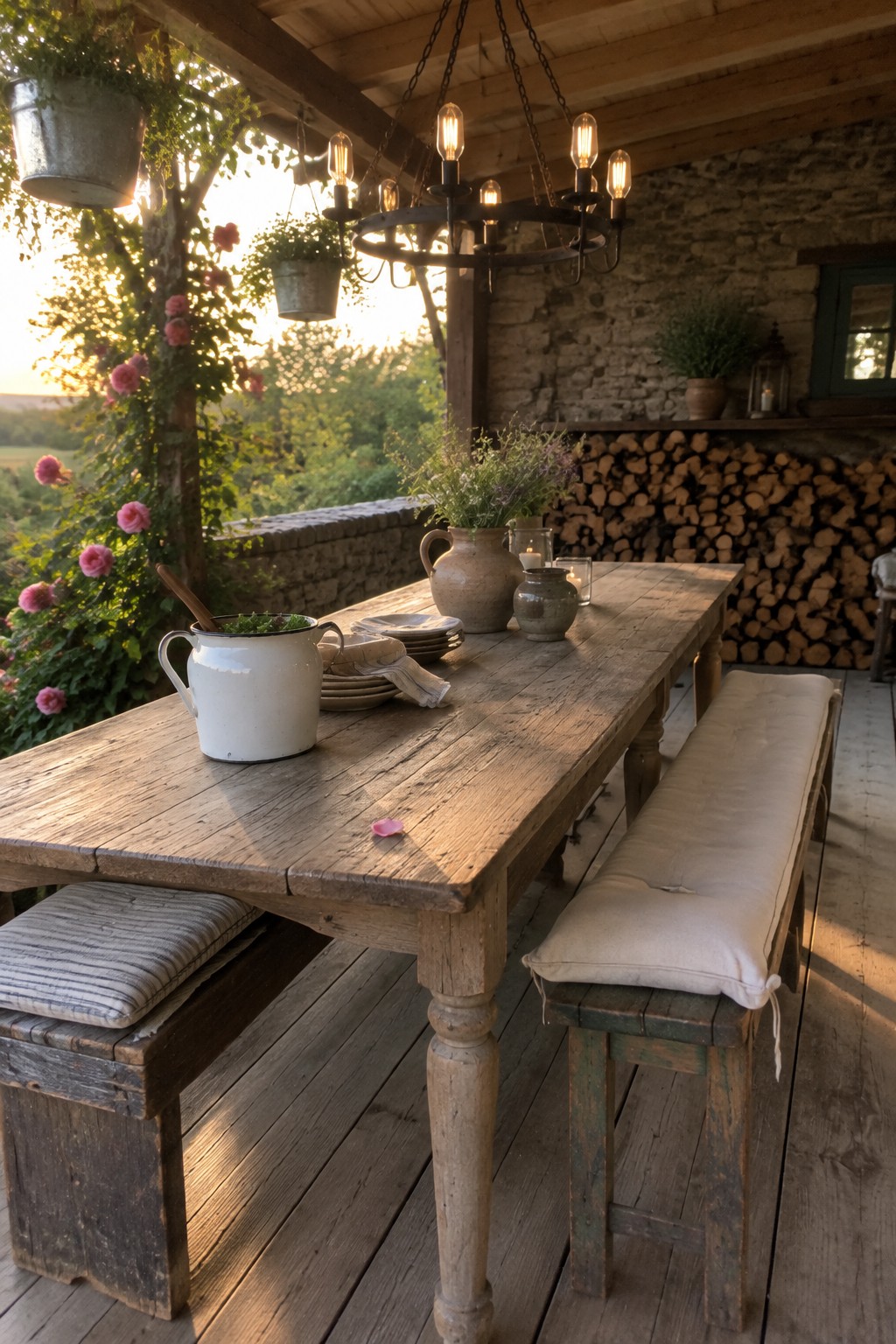 A long rustic wooden dining table with two benches on a covered patio, set with pottery and a chandelier overhead.