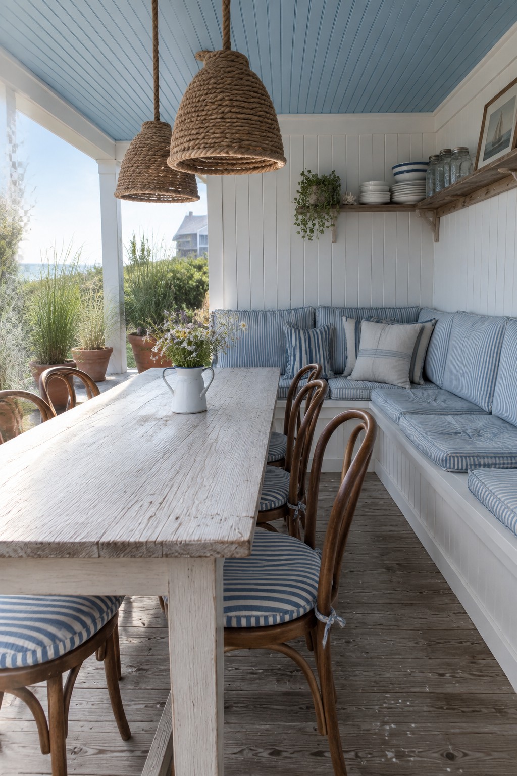 A covered porch dining area with a long whitewashed wooden table, wooden chairs with blue striped cushions, a built-in bench with matching cushions, and two large rope pendant lights hanging from the blue ceiling.
