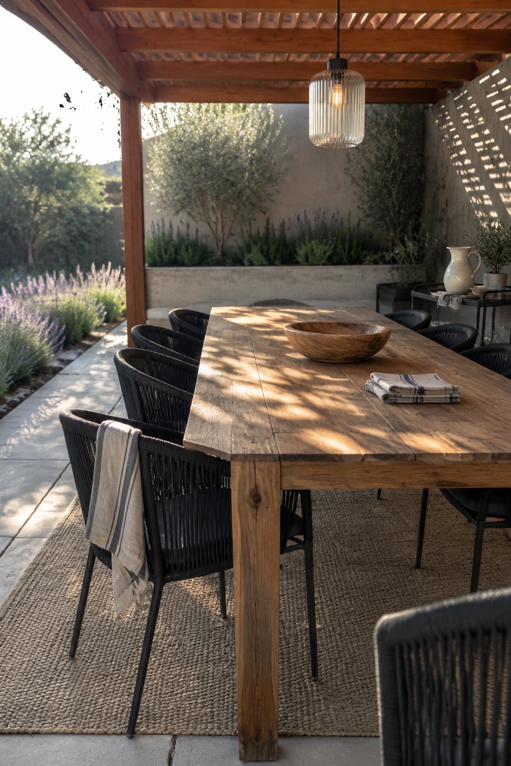 A long wooden dining table with black woven chairs on a jute rug under a wooden pergola in an outdoor garden setting.