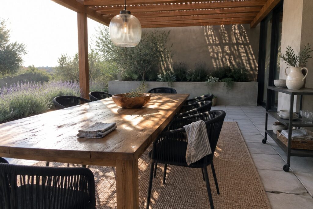 A long wooden dining table with black woven chairs on a jute rug under a wooden pergola in an outdoor garden setting.