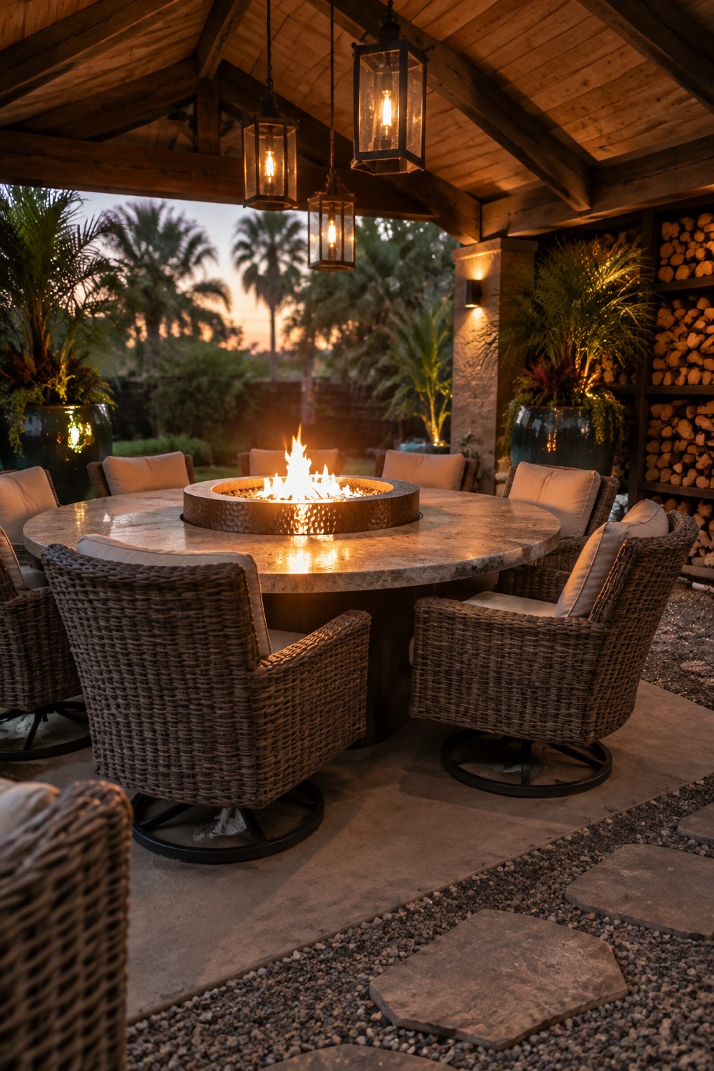 A round stone dining table with a central fire pit sits under a wooden covered patio, surrounded by wicker swivel chairs and hanging lanterns.