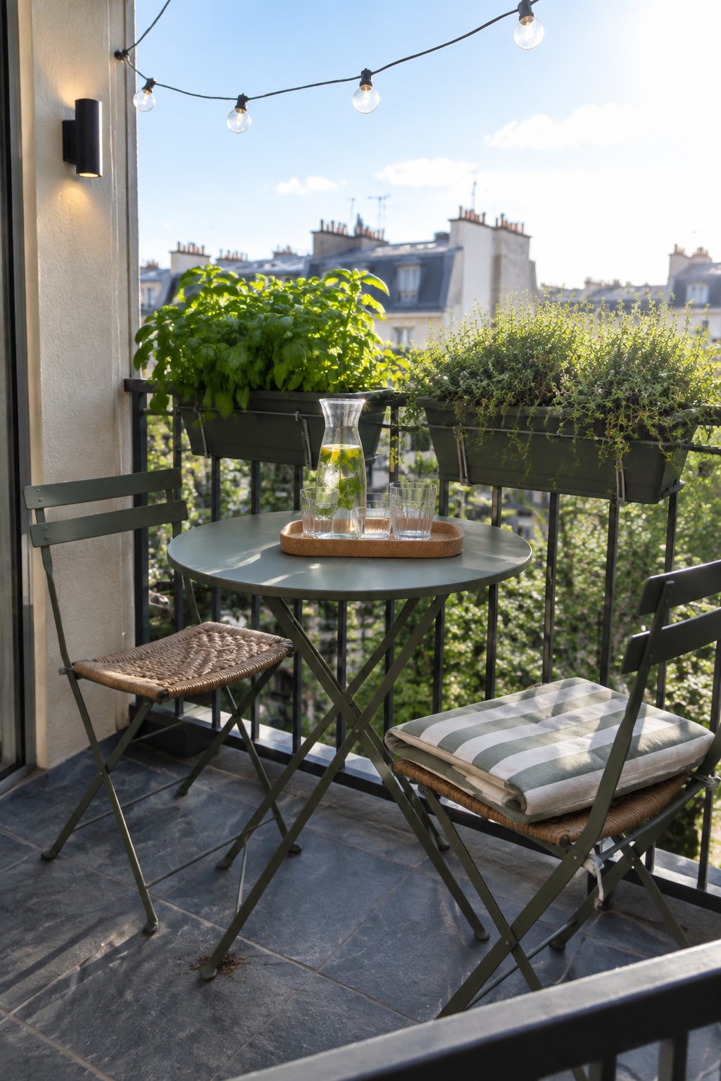 Green metal folding chairs and a small round table on a tiled balcony with a tray of glasses, potted plants along the railing, and string lights above.