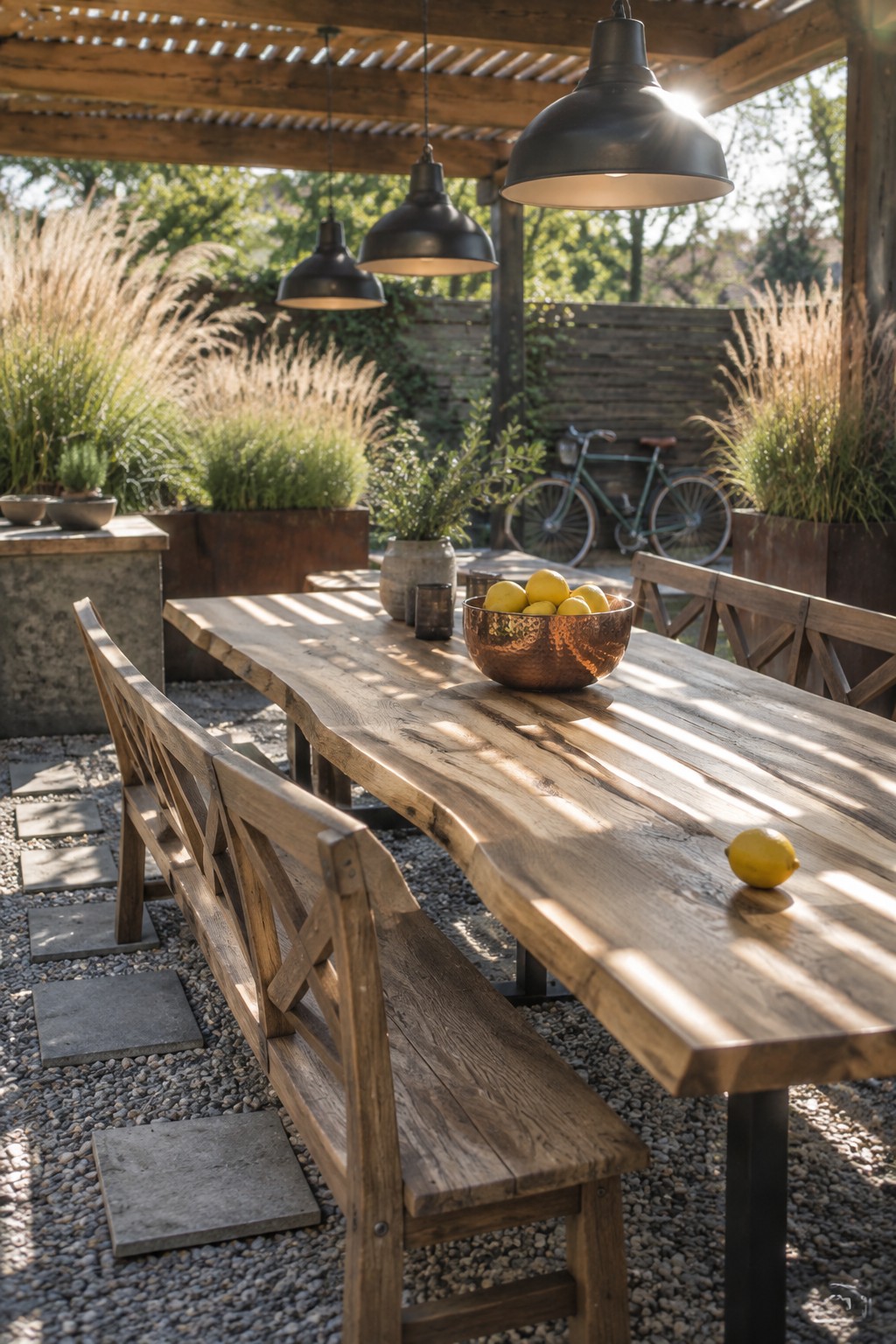 A long rustic wooden dining table with benches under a wooden pergola with black pendant lights, set on gravel with potted grasses nearby.