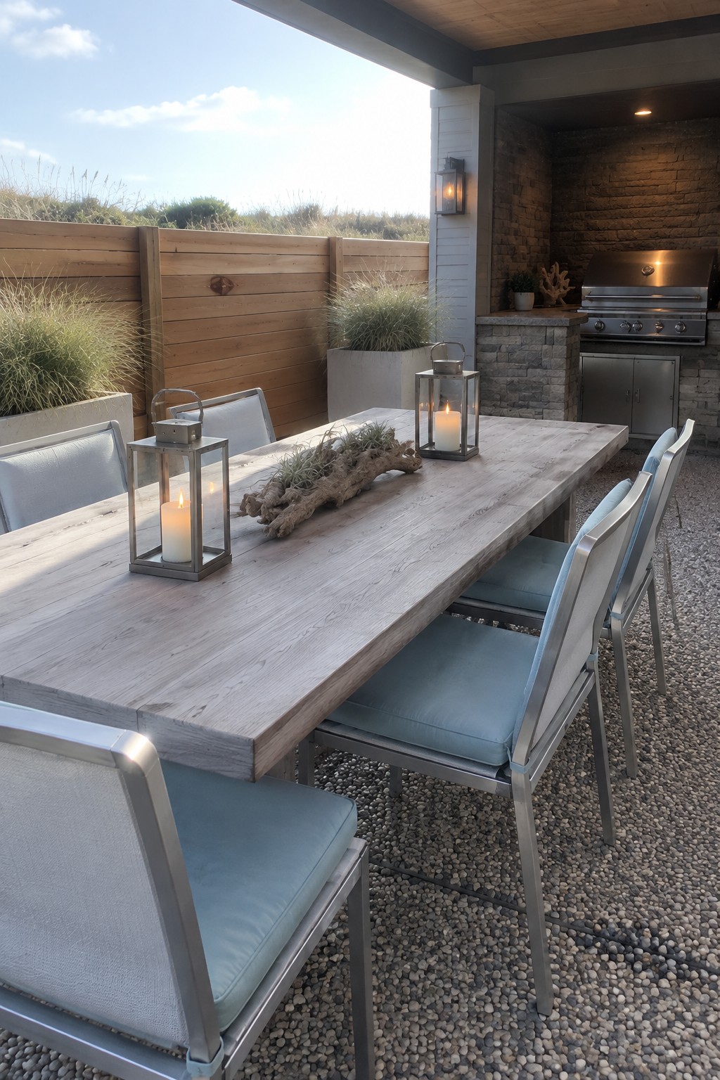 A long wooden dining table surrounded by metal chairs with light blue cushions on a gravel patio, with two lit lanterns and an outdoor kitchen area visible in the background.