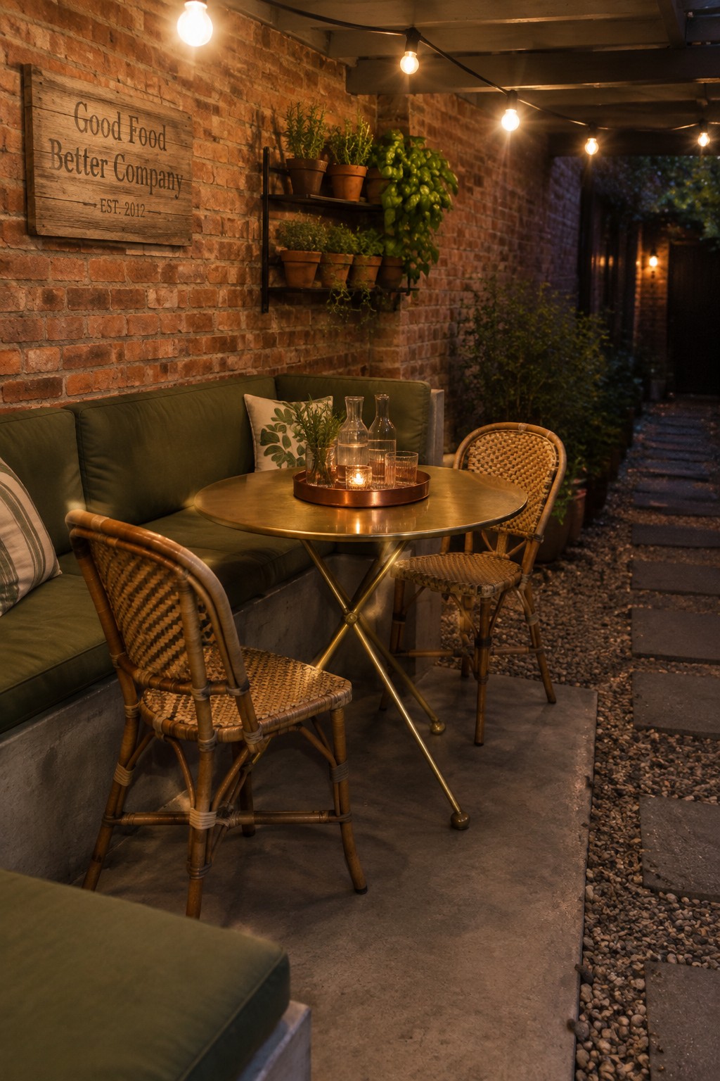 A round metal table with a tray of glassware sits on a concrete pad between a green cushioned bench and two woven rattan chairs, with string lights above and potted plants along a brick wall.