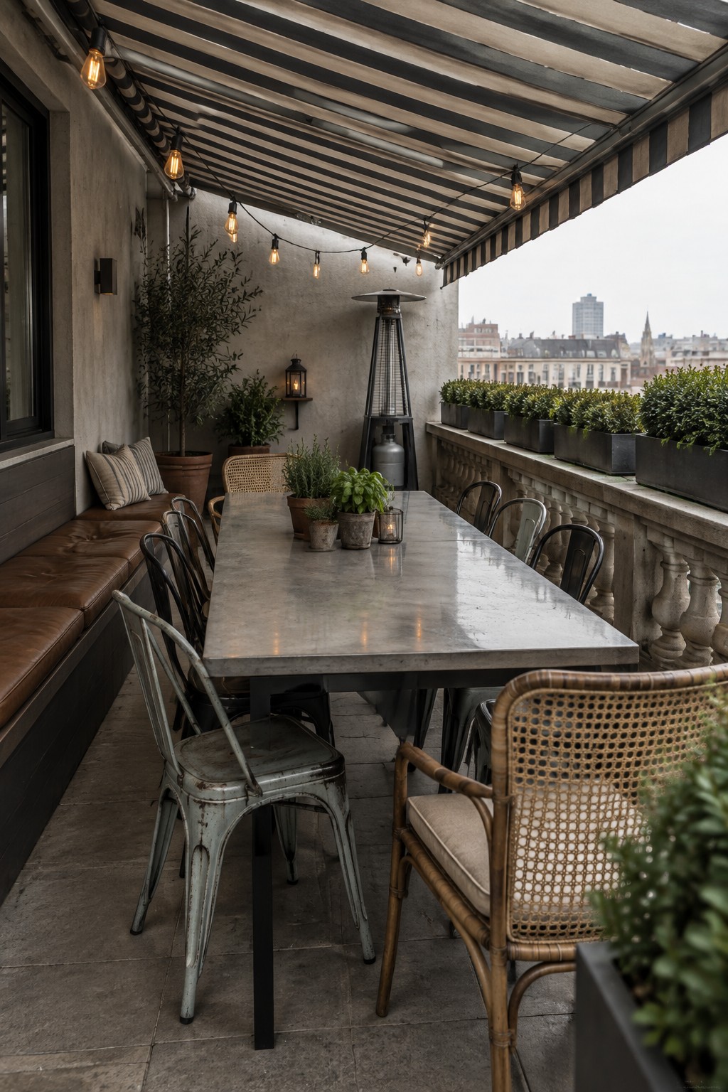 A covered outdoor dining area features a long gray concrete table with mixed metal and woven chairs, string lights above, and potted plants along the stone railing overlooking city buildings.