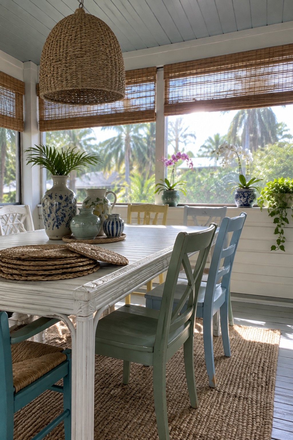 A white wooden dining table surrounded by painted chairs in teal, green, blue, and yellow sits on a jute rug inside a covered porch with bamboo blinds and potted plants.