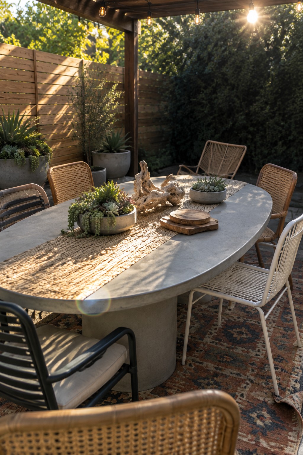 An oval concrete outdoor dining table on a patterned rug under a covered patio, surrounded by mismatched chairs including rattan, white metal, and black metal styles, with potted succulents and string lights overhead.