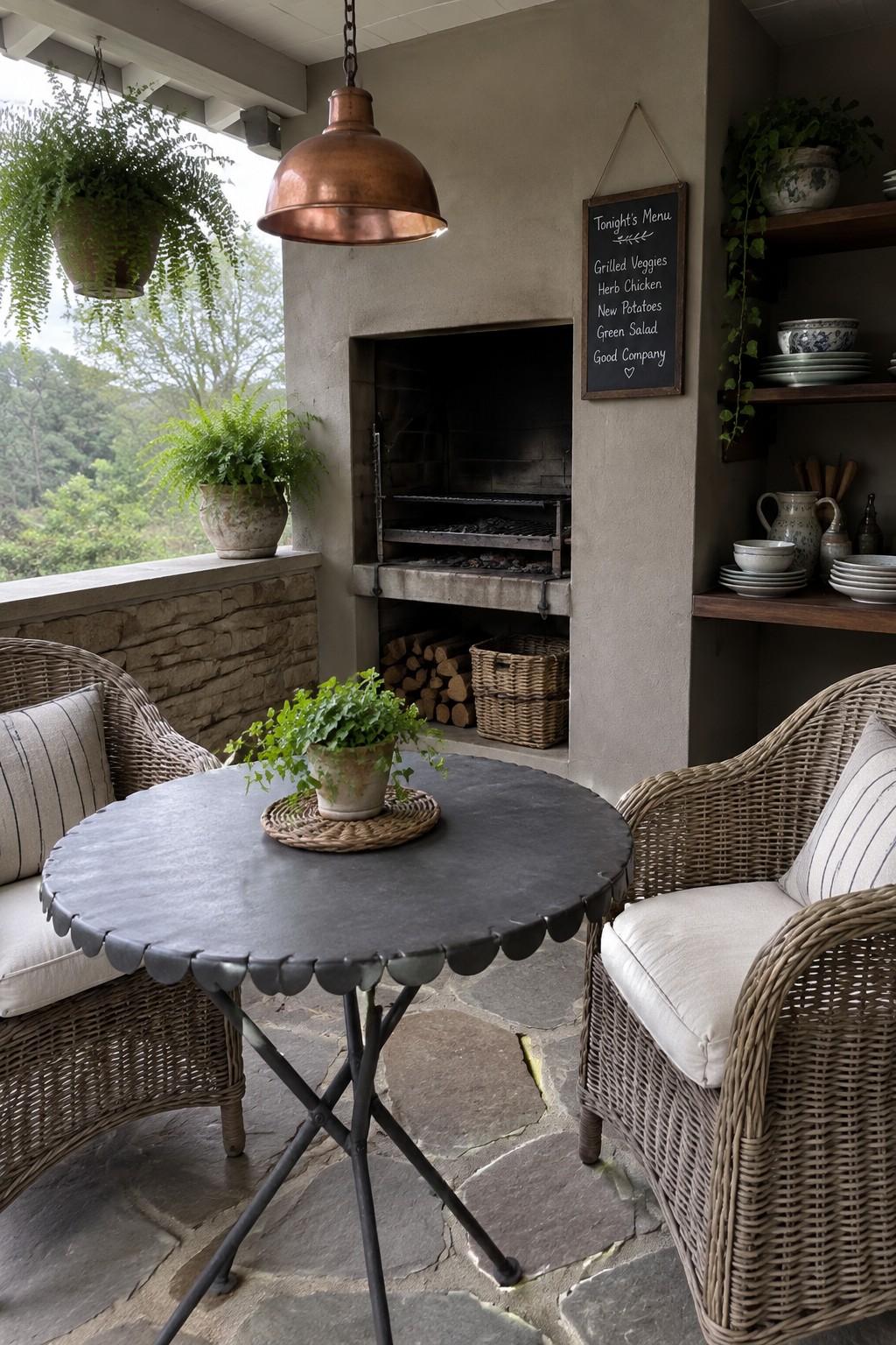 A round dark metal table with a scalloped edge sits on a stone patio between two cushioned wicker armchairs, with a fireplace, hanging copper pendant light, and shelves of dishes visible in the background.