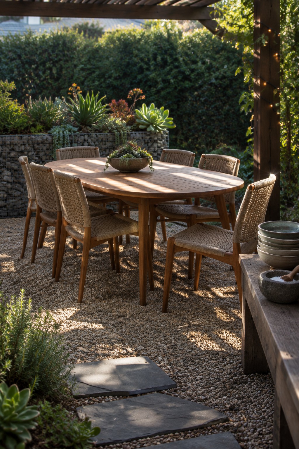 A round wooden dining table with woven chairs arranged around it on a gravel surface beneath a wooden pergola, surrounded by succulents and string lights.