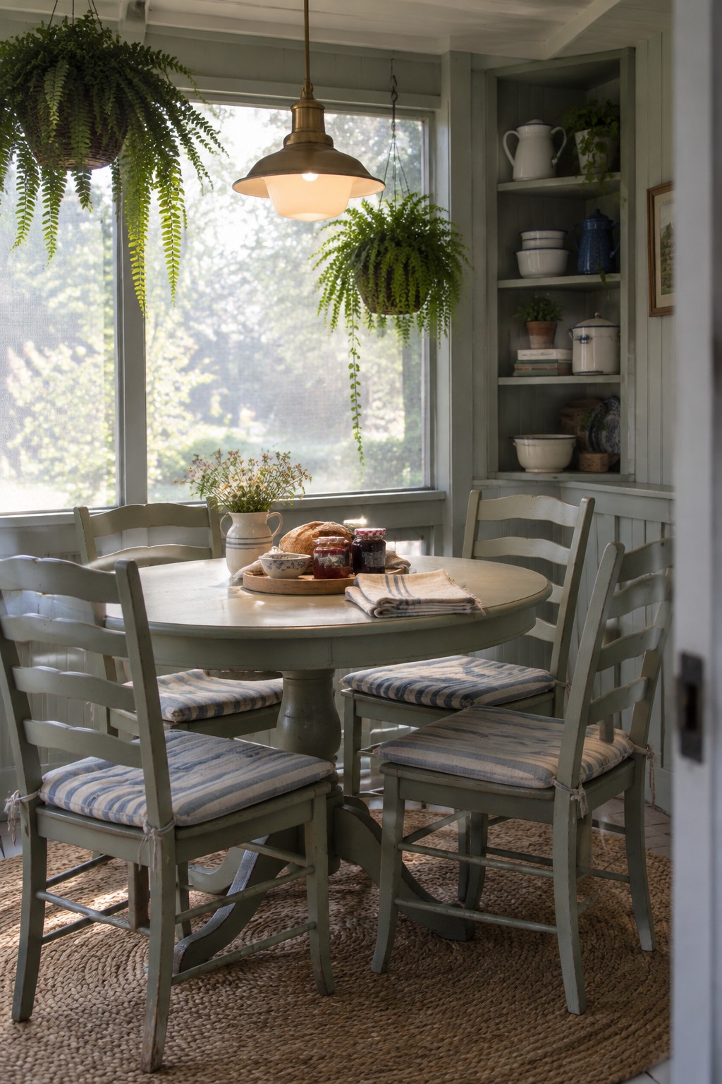 Sage green round table with striped chairs in sunlit nook with hanging plants and shelves