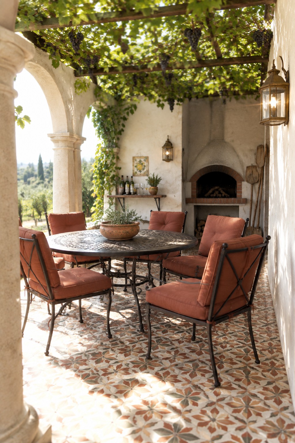 A round metal dining table with terracotta cushioned chairs arranged beneath a grapevine-covered wooden pergola on a patterned tile floor, next to a stone fireplace.