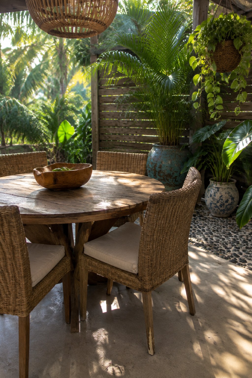 A round wooden dining table with four woven wicker chairs on a covered patio, surrounded by potted plants and tropical foliage.
