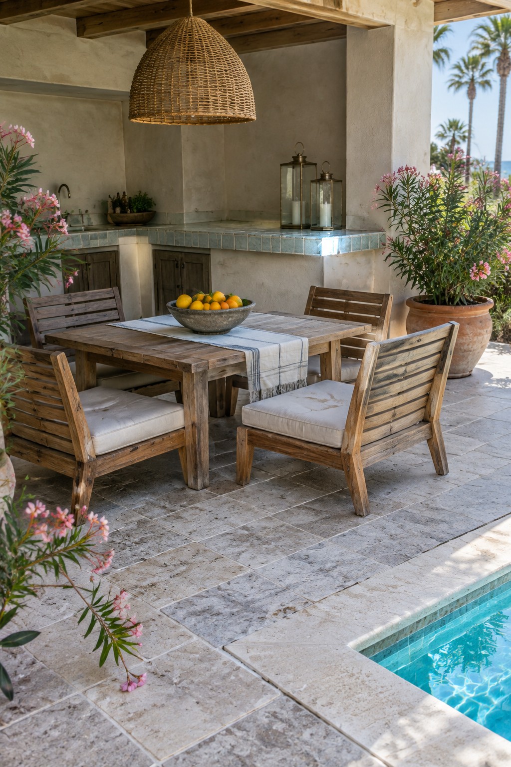 A wooden outdoor dining table with four matching chairs on a stone patio next to a pool, under a covered ceiling with a woven light fixture.
