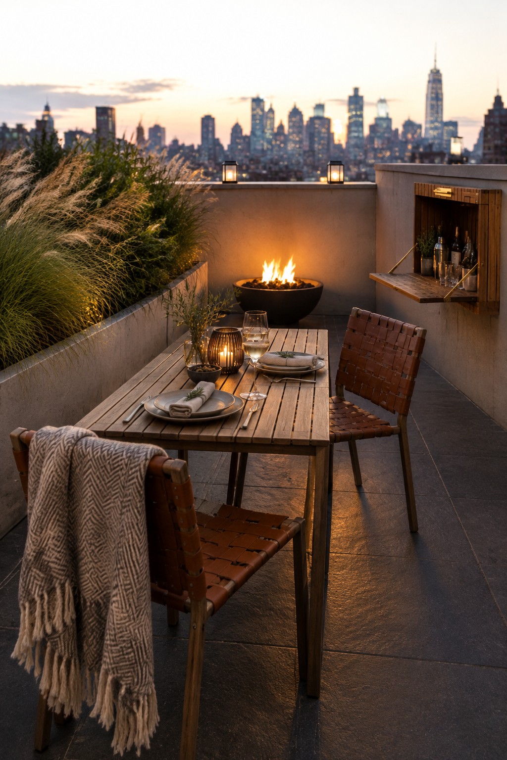 A wooden outdoor dining table with two woven leather strap chairs on a concrete rooftop terrace, set with plates and wine glasses, next to a fire pit with a city skyline behind it.