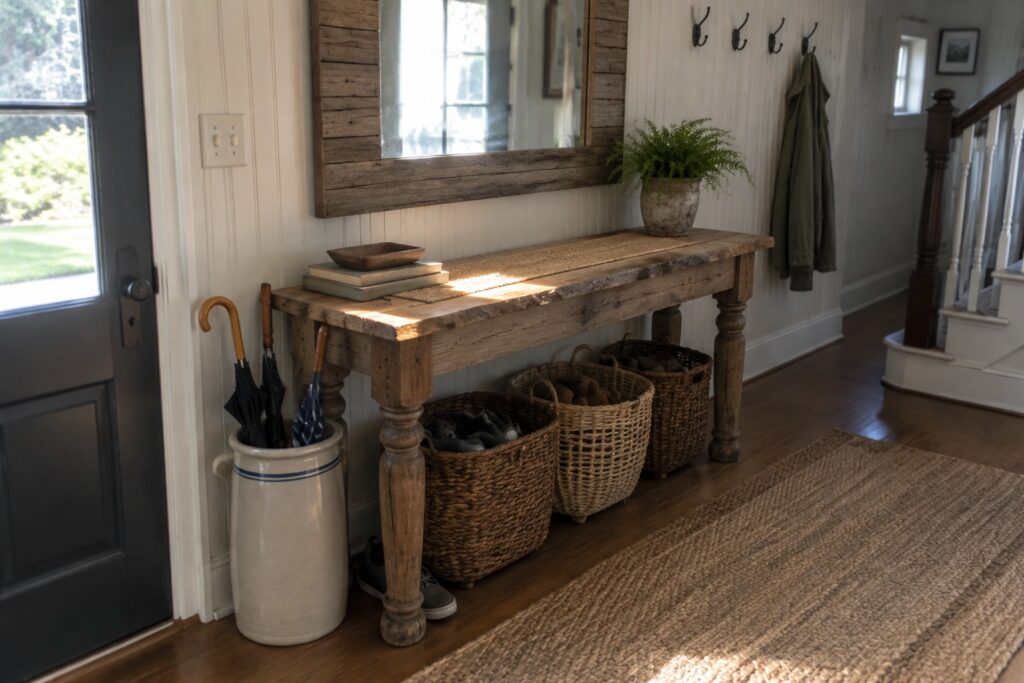 Rustic wooden bench with woven baskets of shoes, large mirror, and hanging green jacket