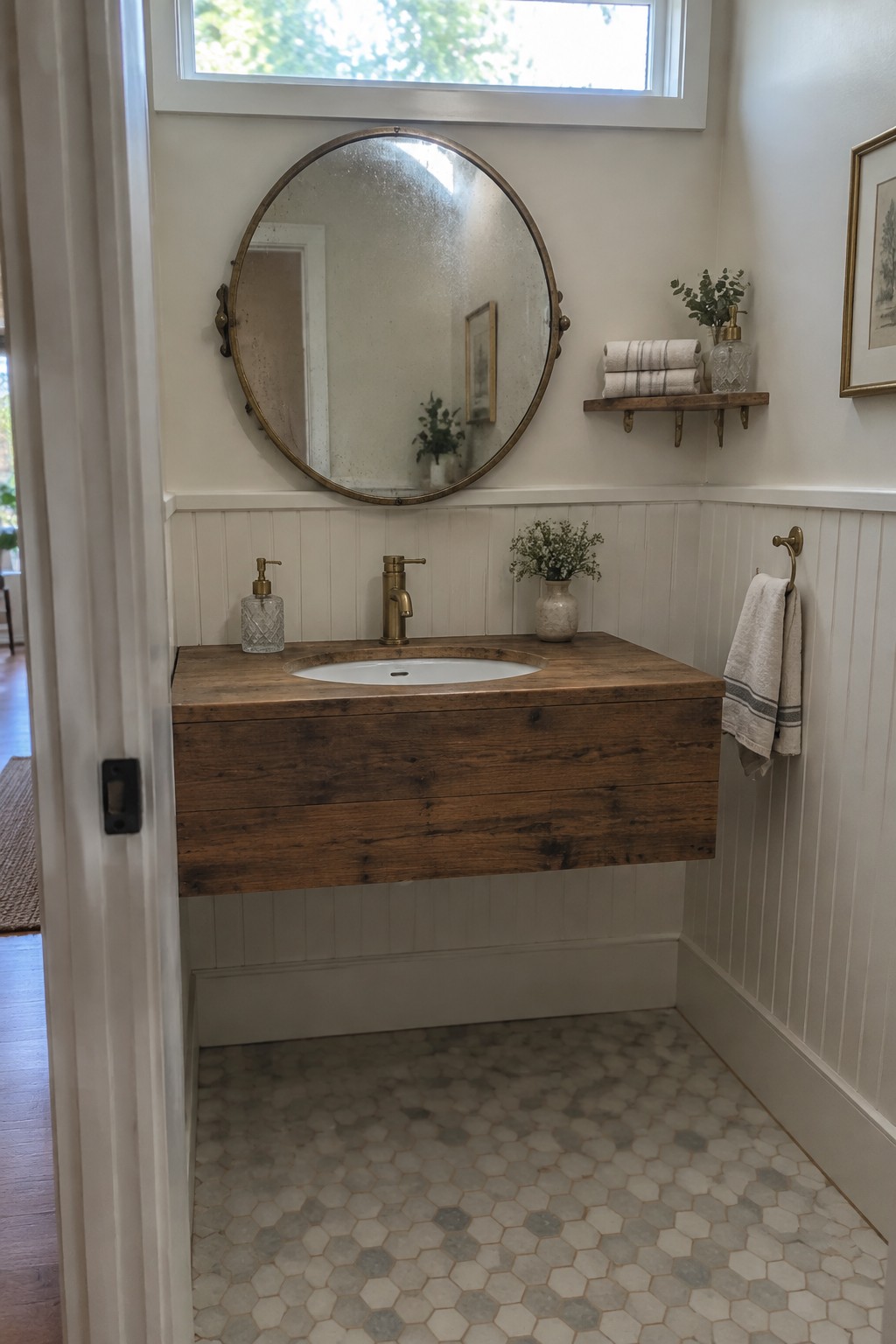 A bathroom with a floating reclaimed wood vanity, white vessel sink, brass faucet, round mirror, and hexagonal floor tiles.