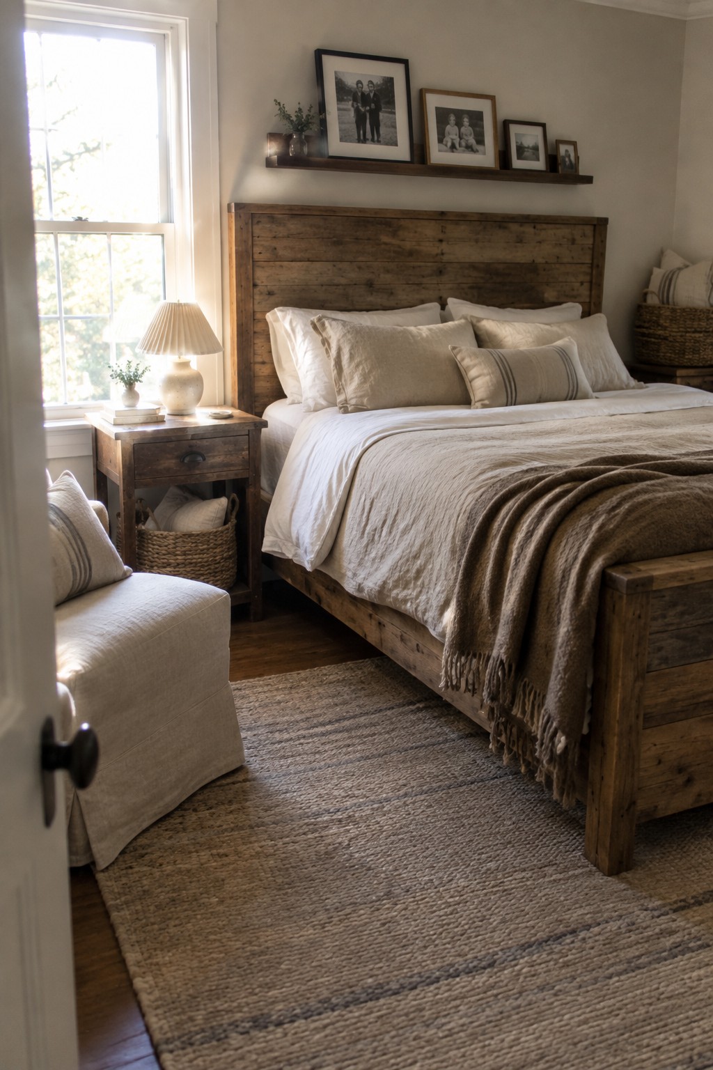 A bedroom with a large reclaimed wood bed frame and headboard, white and beige bedding, a rustic wooden nightstand with a lamp, framed photos on a wall shelf, and a woven rug on the floor.