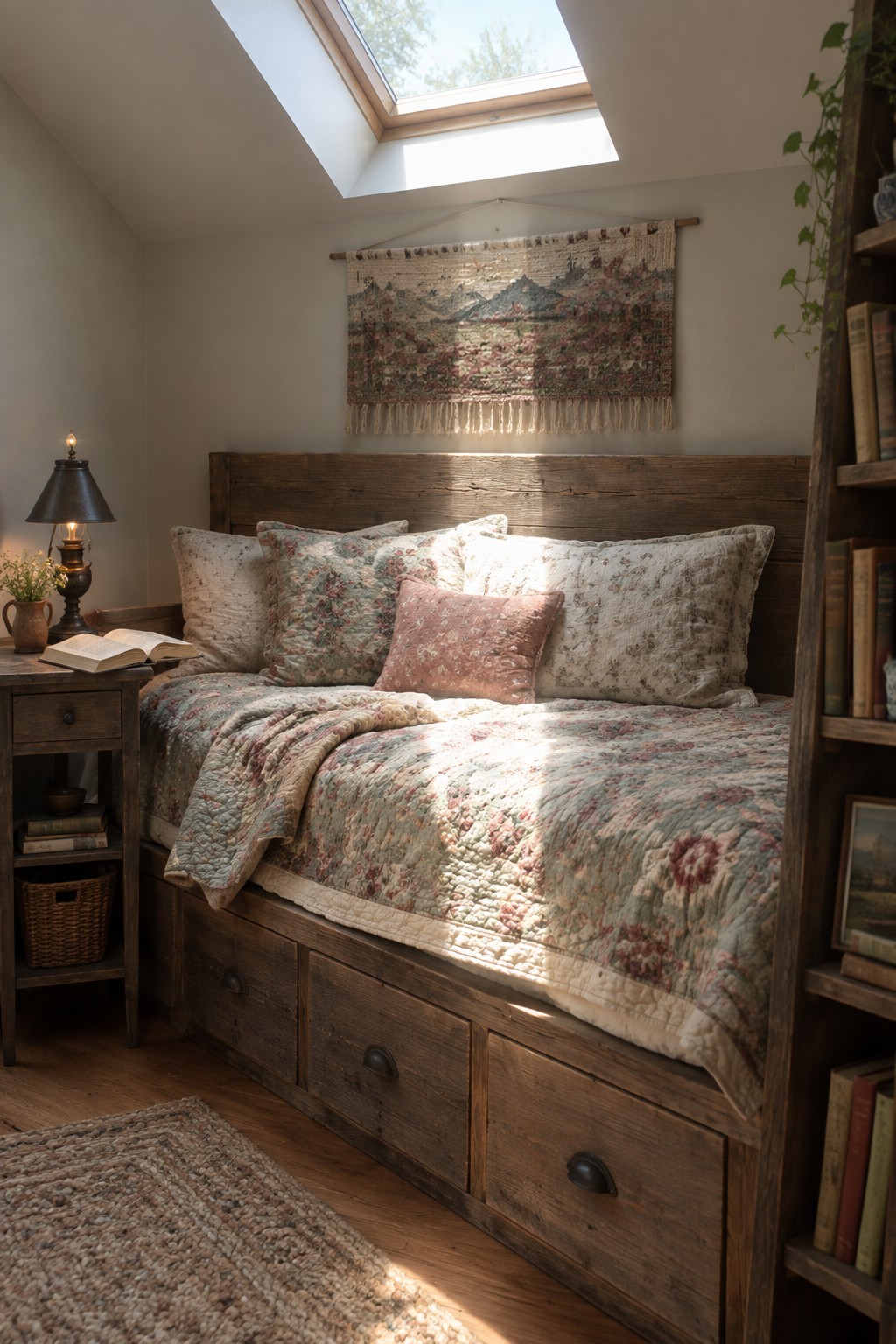 A rustic bedroom with a reclaimed wood bed frame featuring multiple under-bed storage drawers, floral quilt and pillows, a woven wall hanging, wooden nightstand, and sunlight from a skylight.