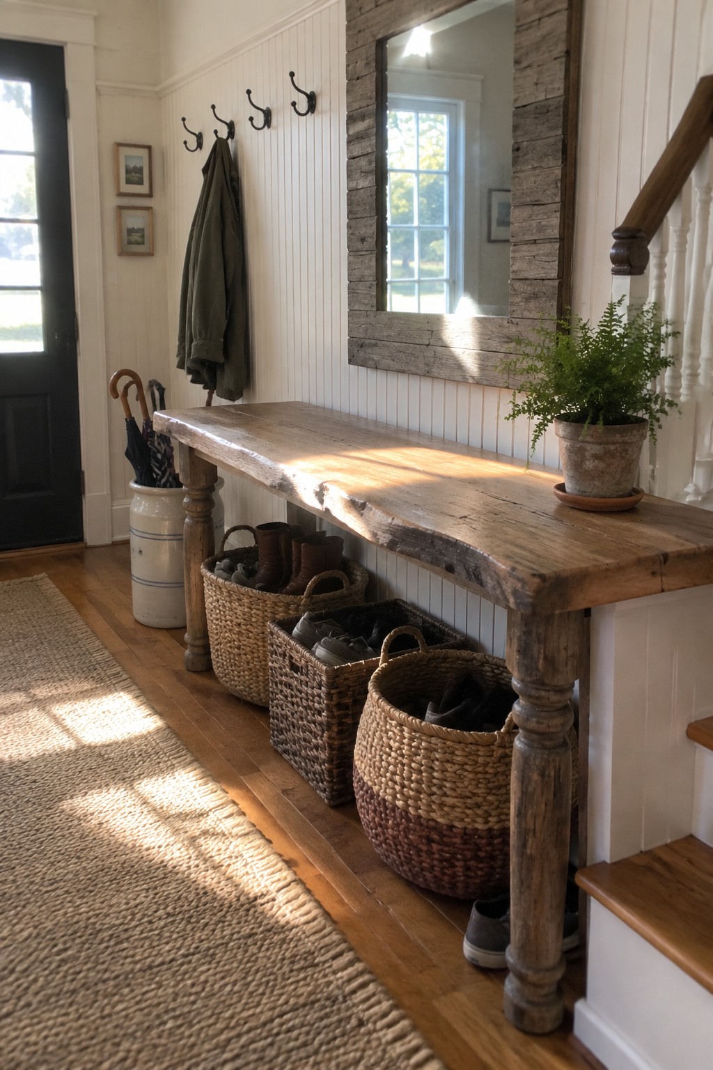 Rustic wooden bench with woven baskets of shoes, large mirror, and hanging green jacket