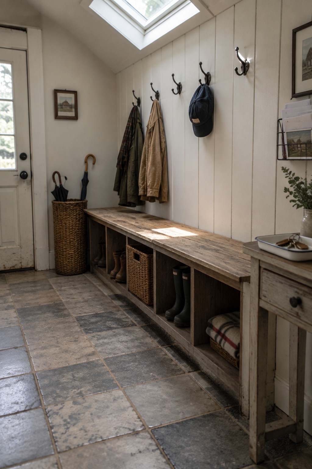 A narrow interior entryway with a long reclaimed wood bench that has open storage cubbies below and black metal hooks mounted on white vertical paneling above, holding coats, a cap, and boots.