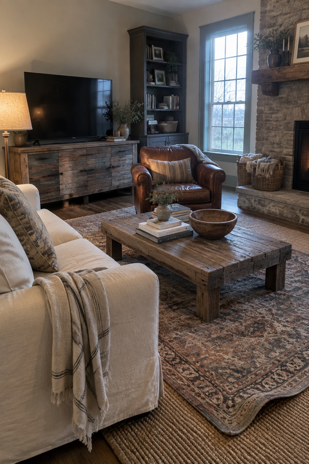 A living room with a large reclaimed wood coffee table on a patterned rug, surrounded by a white sofa, leather armchair, and wooden media console.