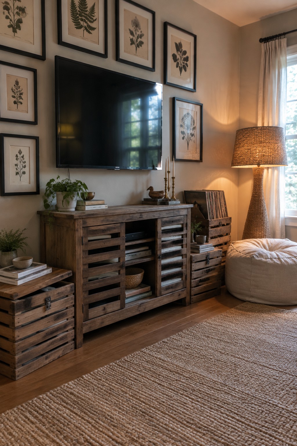 Rustic wooden TV console with slatted doors under mounted screen and botanical prints