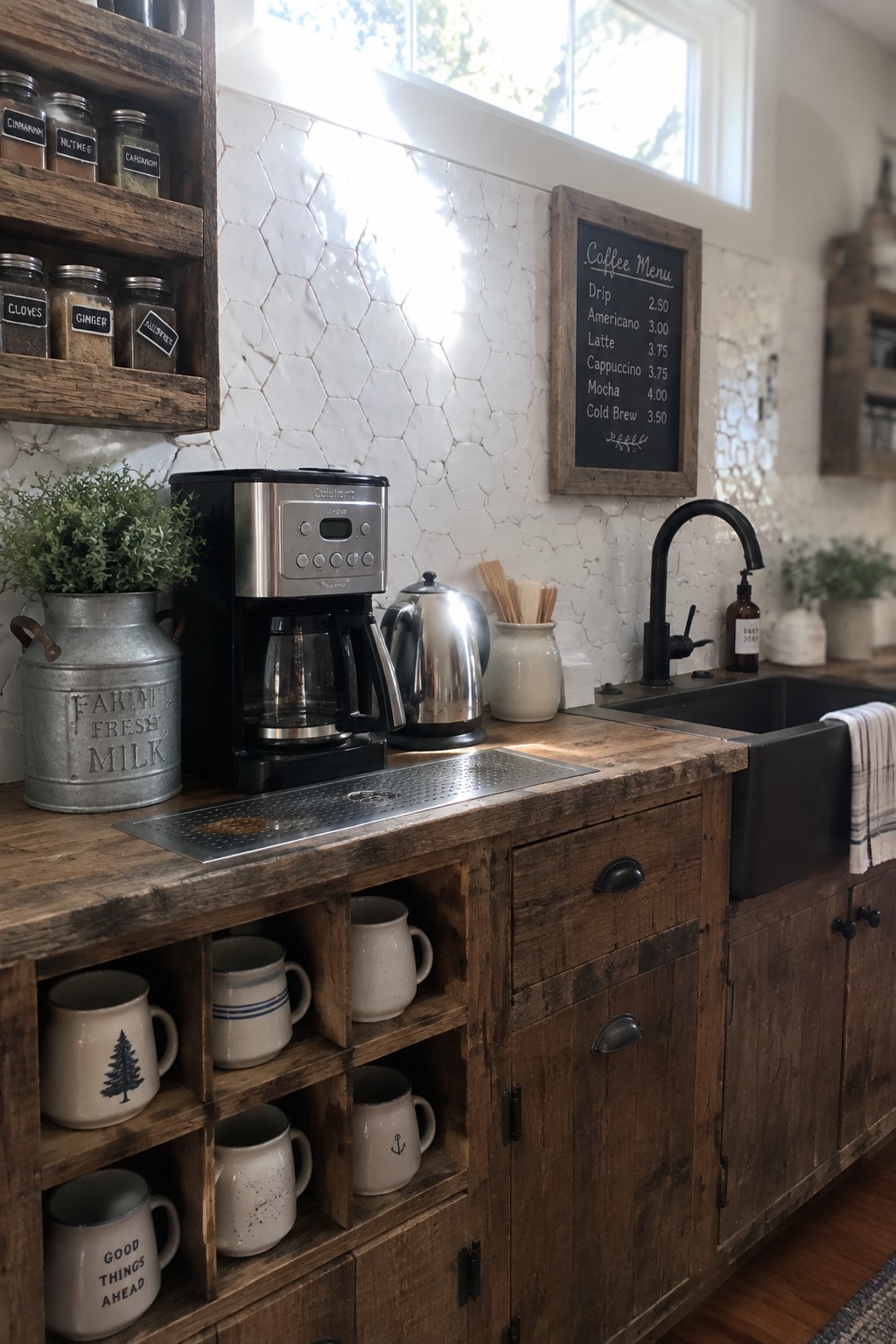 Rustic wooden coffee station with maker, ceramic mugs, kettle, and chalk menu board
