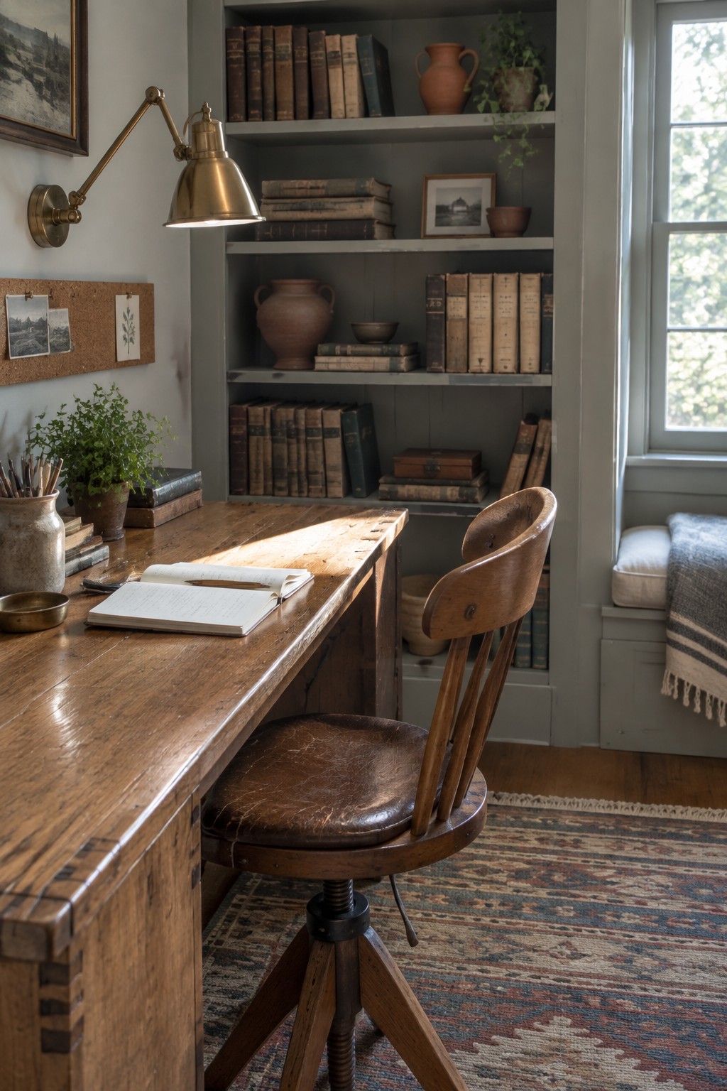 A wooden desk with an open notebook and brass lamp sits in front of built-in bookshelves filled with old books and pottery.