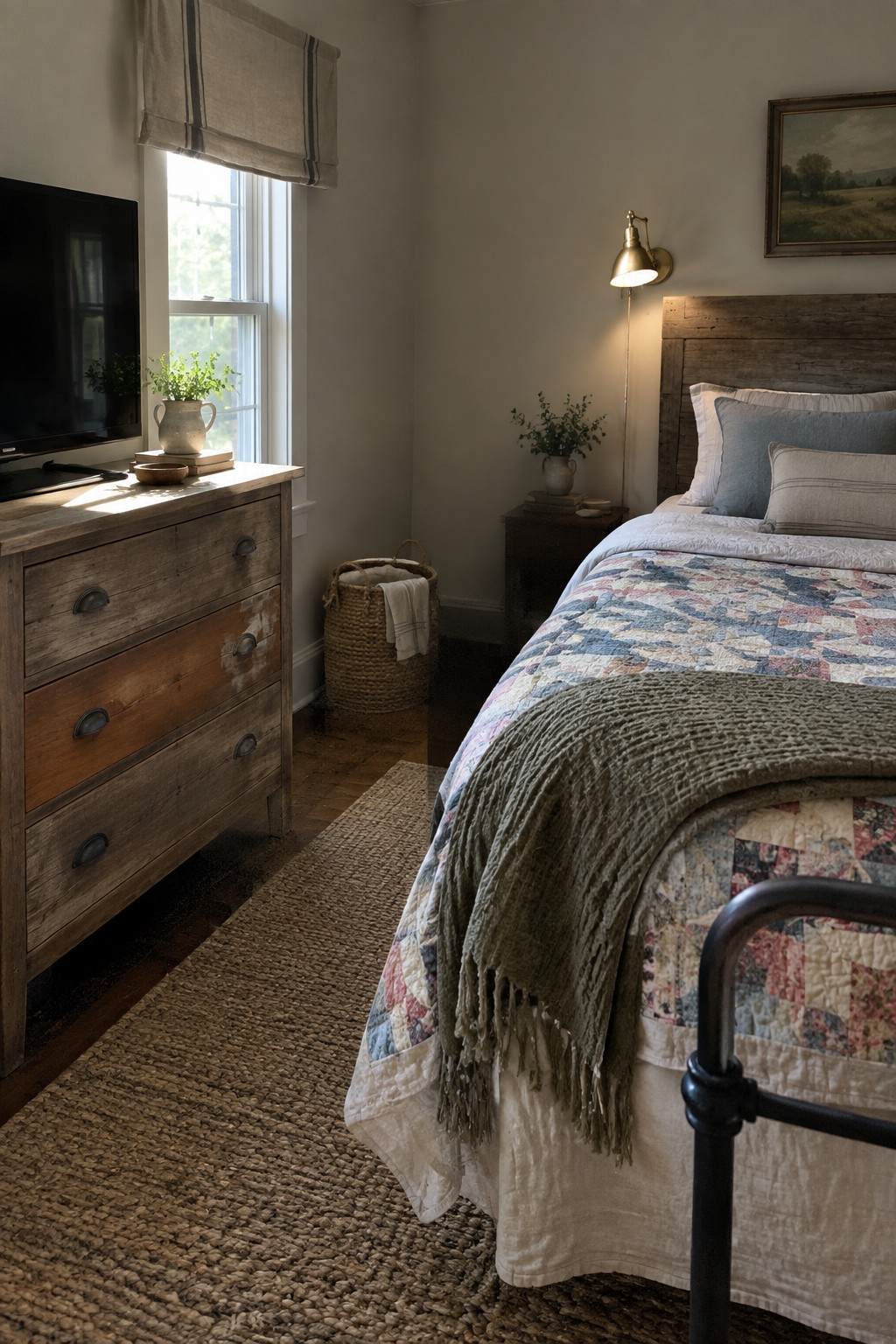 A bedroom interior showing a distressed reclaimed wood dresser under a window next to a bed with a patchwork quilt and olive throw.