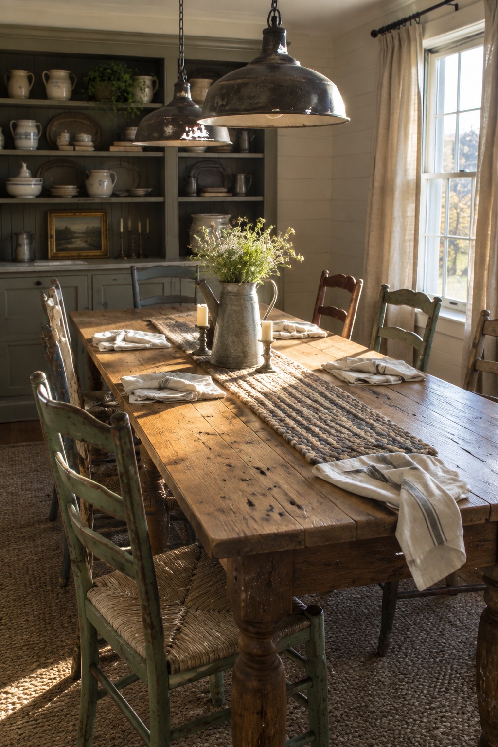 A rustic dining room with a long reclaimed wood table, mismatched painted chairs, a woven table runner, and open shelving filled with pottery in the background.