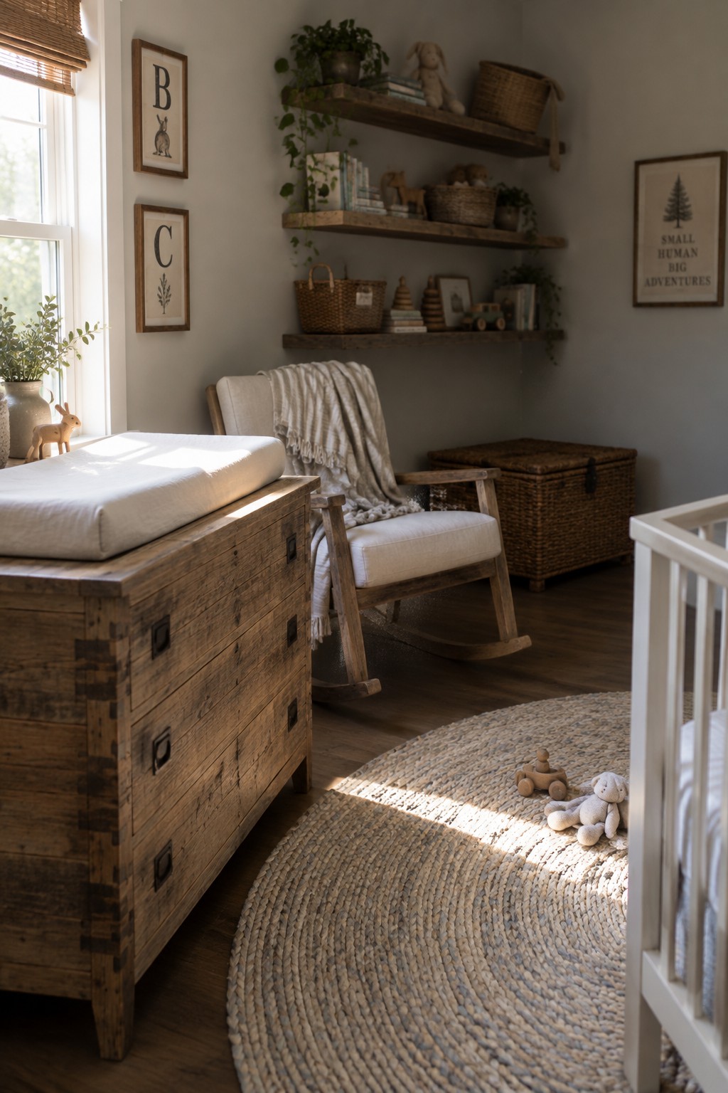 A nursery interior featuring a reclaimed wood dresser with a white changing pad, a wooden rocking chair with a throw blanket, floating wooden shelves, and a round woven rug on dark wood flooring.